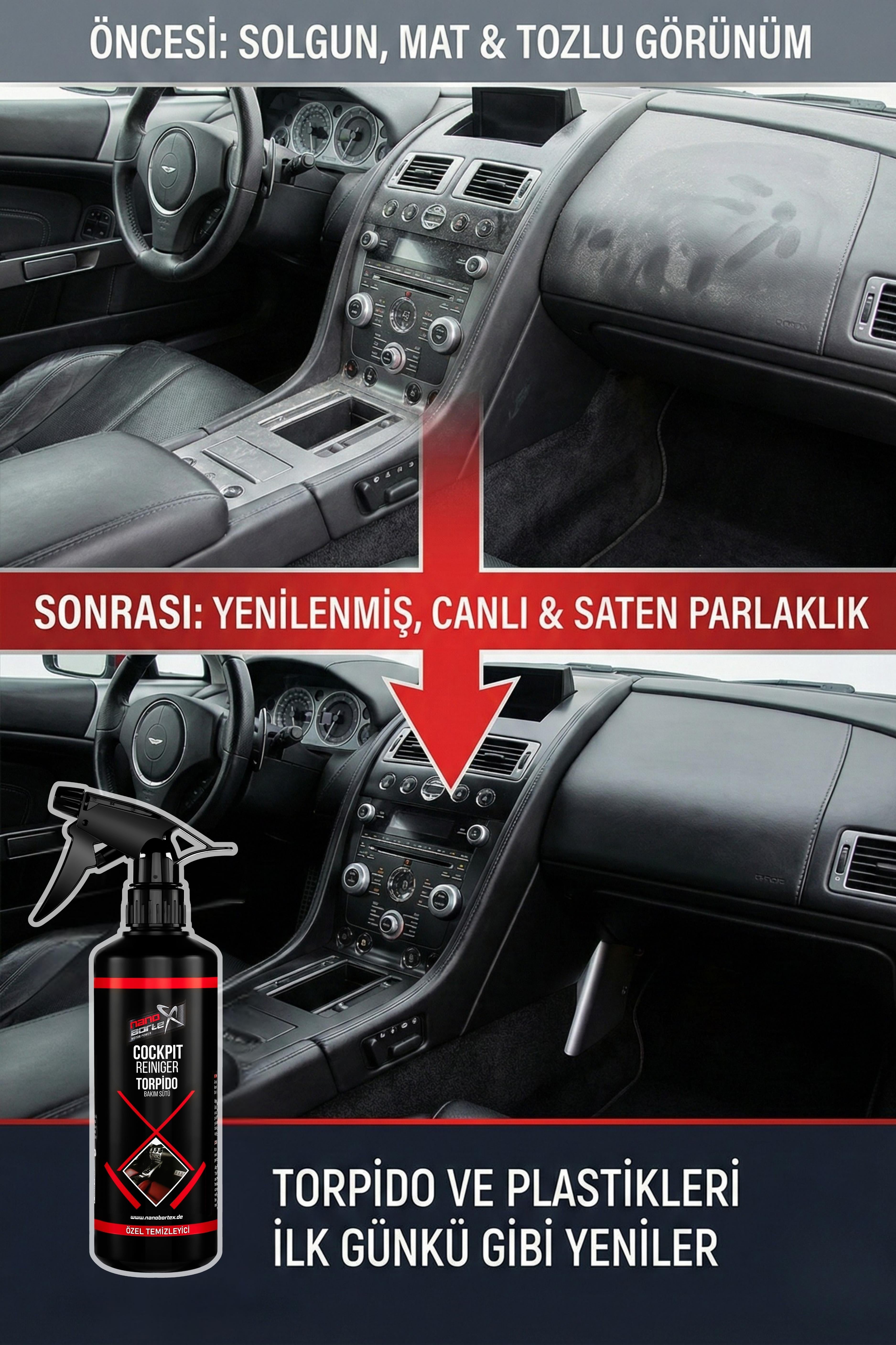 NanoBorTeX Torpido Bakım ve Yenileyici Sprey - Antistatik & UV Korumalı Araç İçi Plastik Temizleyici 500 ML