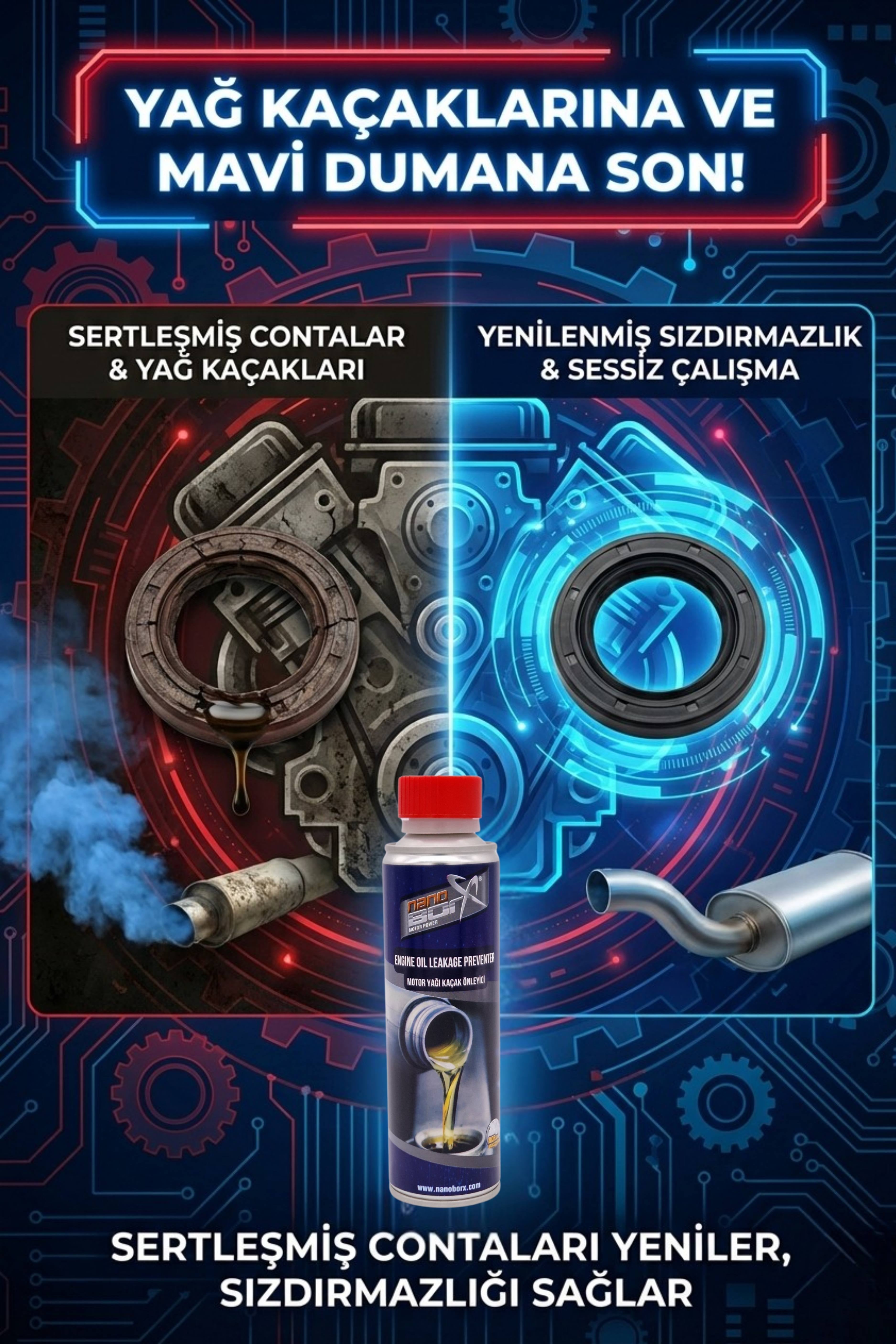 NanoBorTeX Motor Yağ Sızıntı Önleyici & Conta Yenileyici Katkı - Yağ Eksiltme Durdurucu & Mavi Duman Önleyici