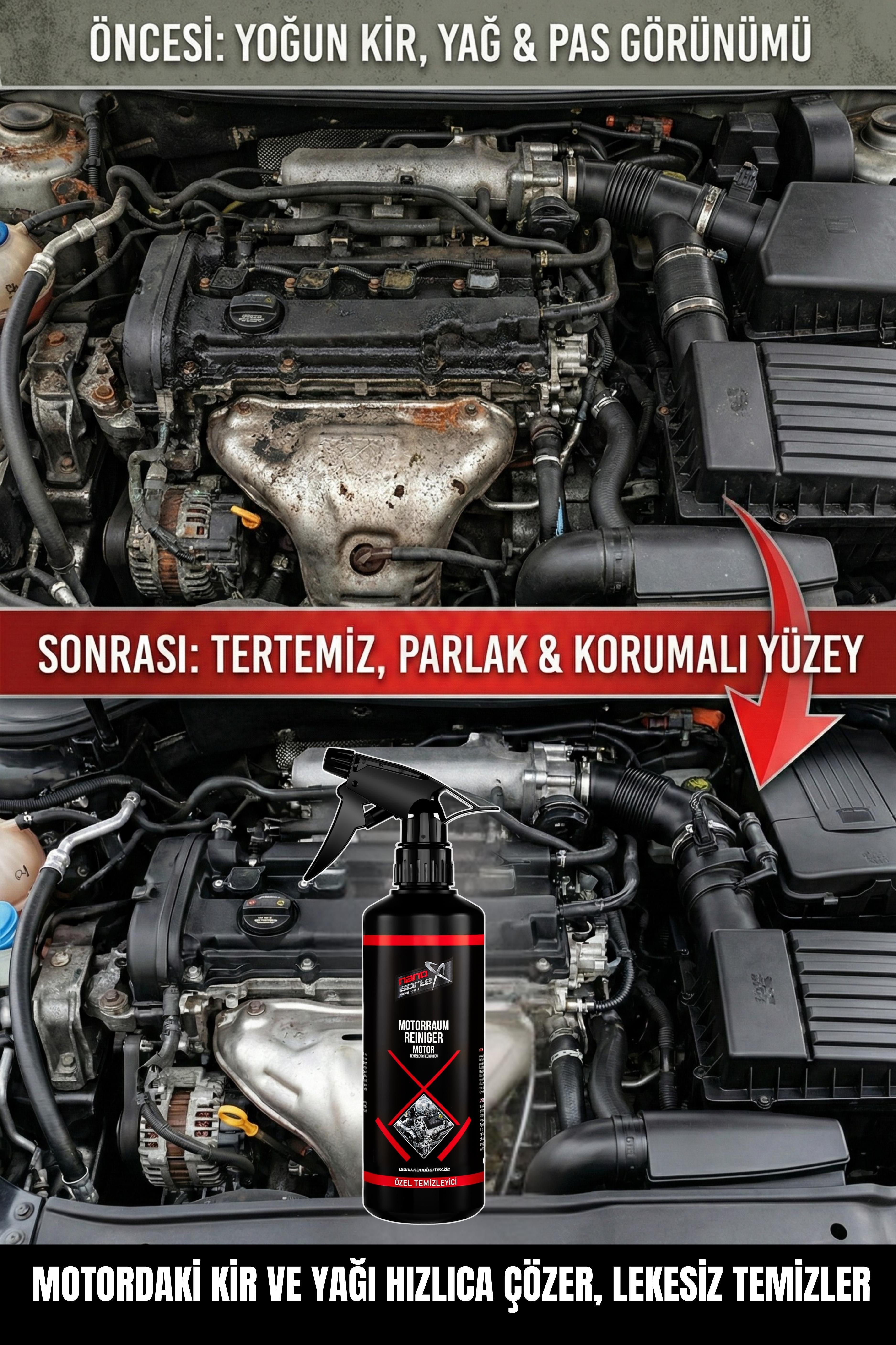 NanoBorTeX Motor Temizleyici ve Koruyucu Sprey - Güçlü Yağ Sökücü & Leke Bırakmayan Formül 500 ML