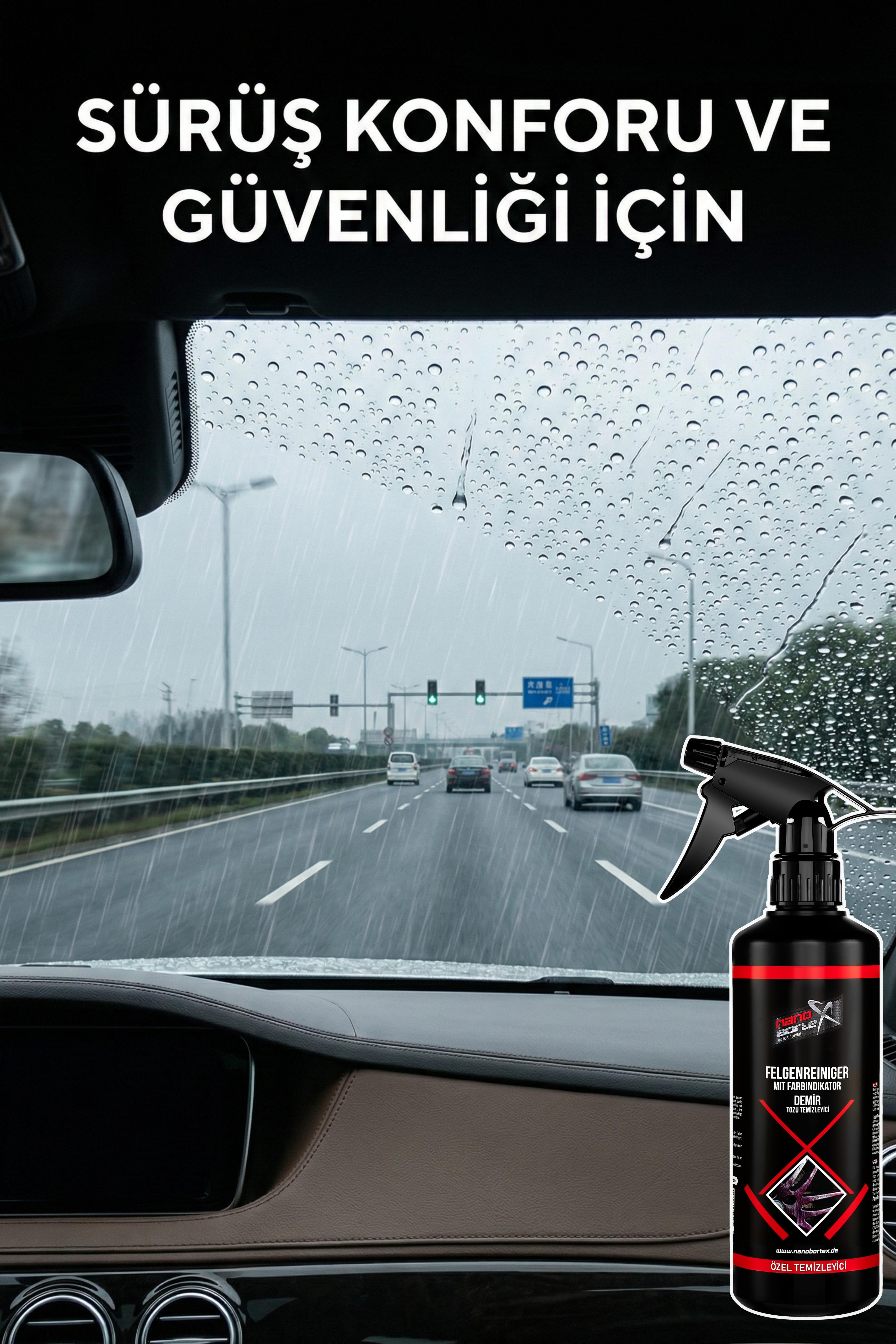 NanoBorTeX Yağmur Kaydırıcı & Su İtici Sprey - Kristal Netliğinde Görüş ve Güvenli Sürüş 500 ML