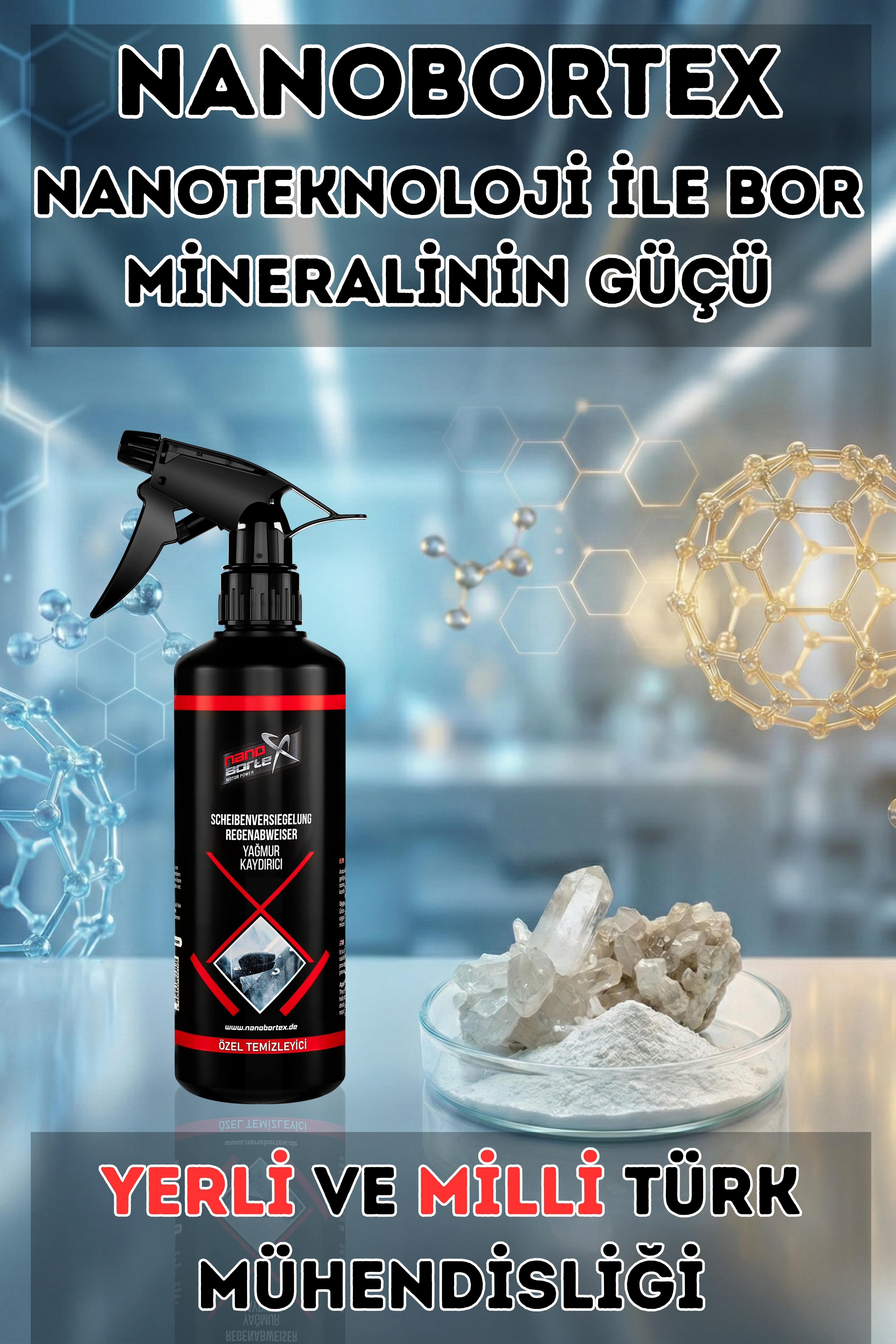 NanoBorTeX Yağmur Kaydırıcı & Su İtici Sprey - Kristal Netliğinde Görüş ve Güvenli Sürüş 500 ML