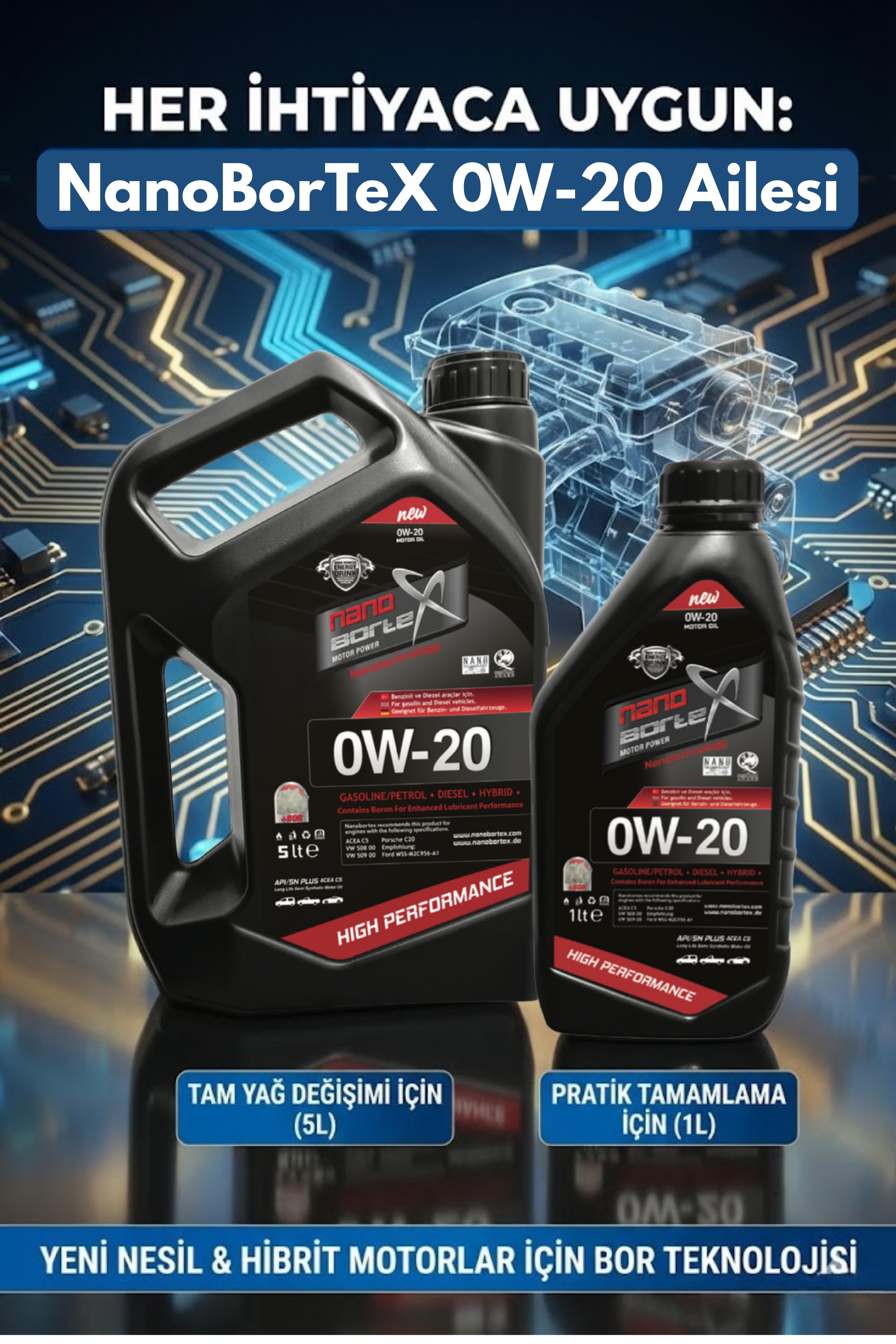 NanoBorX 0W/20 Tam Sentetik Motor Yağı - Yüksek  Performanslı Bor Katkılı Yeni Nesil Yağ