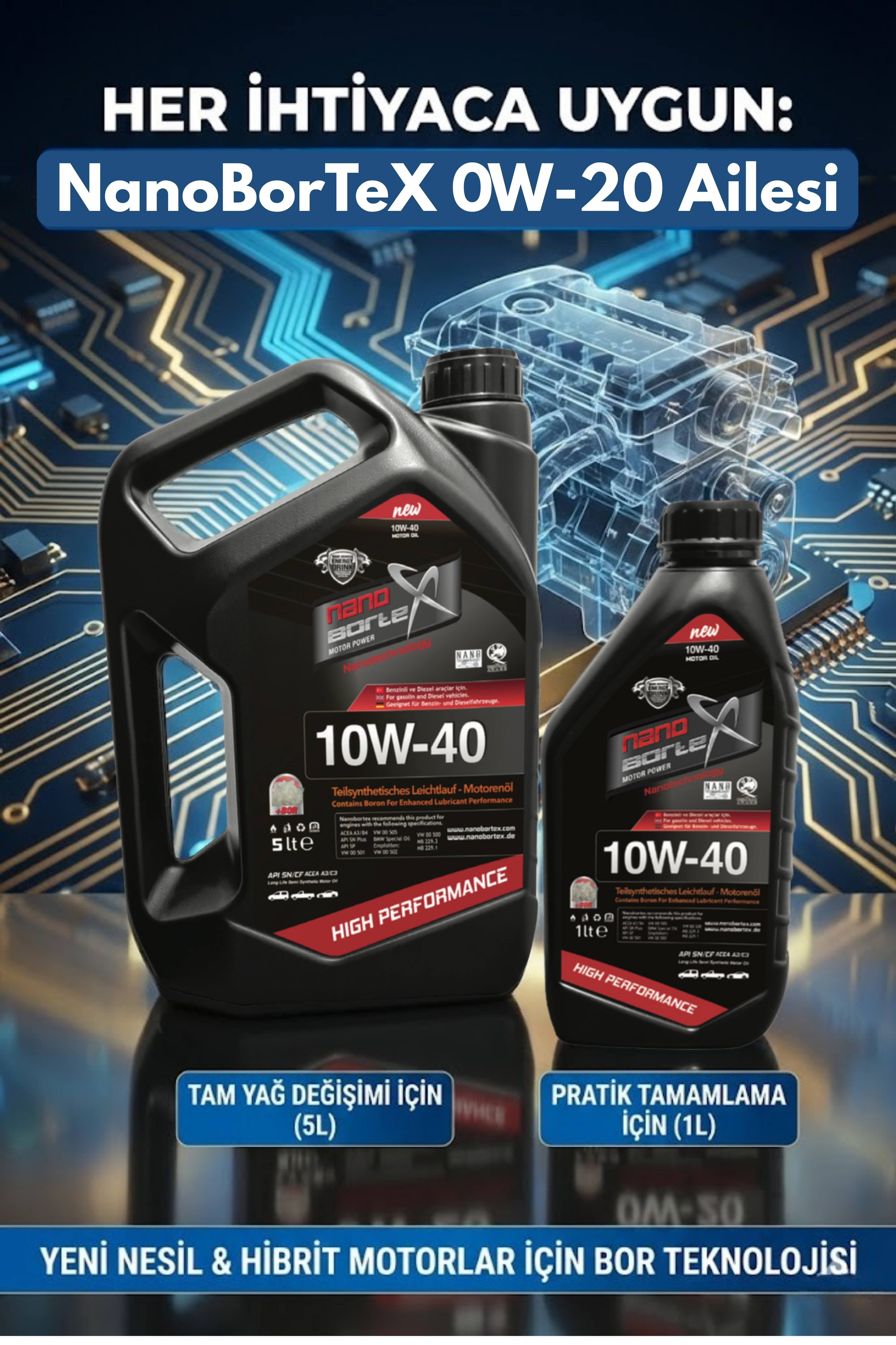 NanoBorTex 10W/40 Yarı Sentetik Motor Yağı - Dört Mevsim  Üstün Koruma - Benzinli & Dizel