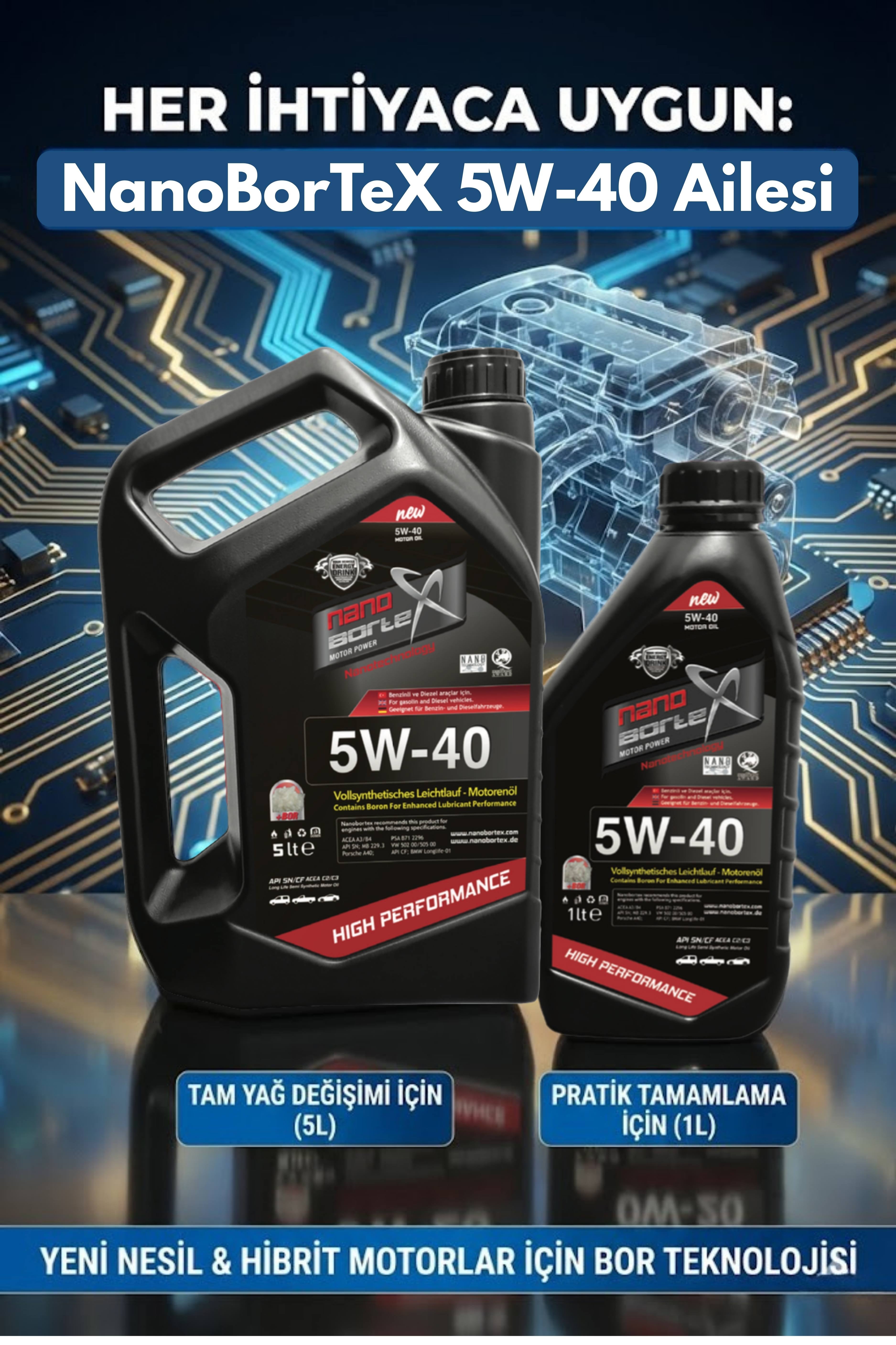 NanoBorTex 5W/30 Tam Sentetik Motor Yağı  - Yüksek  Performanslı Bor Teknolojisi - Tüm Araçlar