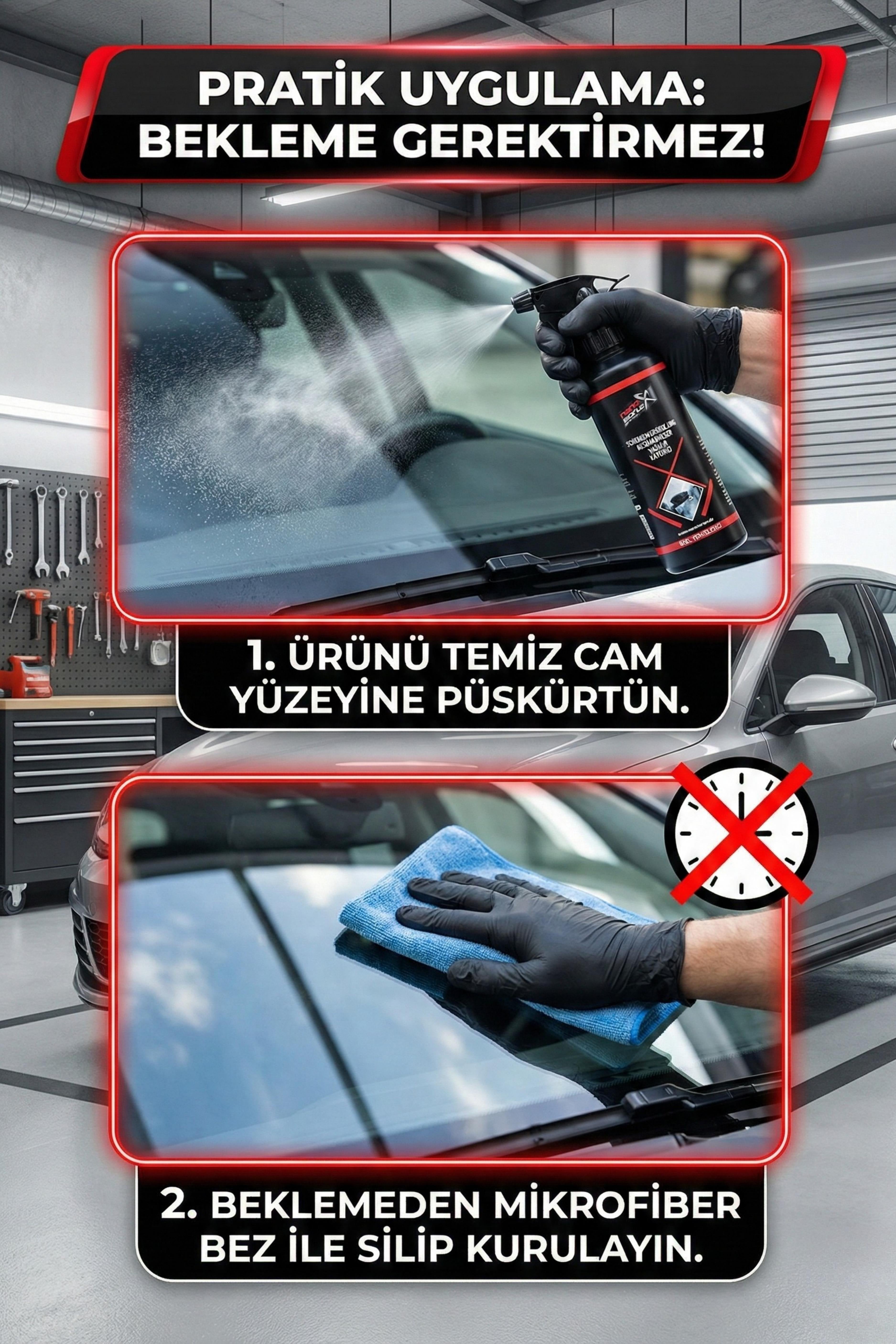 NanoBorTeX Yağmur Kaydırıcı & Su İtici Sprey - Kristal Netliğinde Görüş ve Güvenli  Sürüş 500 ML